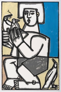 Boy with Doves in Blue + Gray_America Martin_Acrylic/Cotton Paper_Figurative