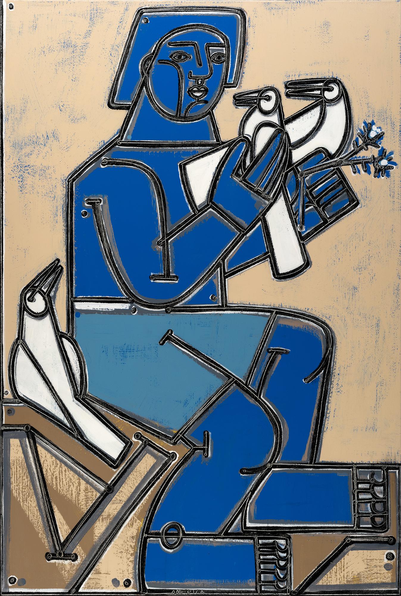 America Martin
"Boy with Doves in Blue"
Oil & Acrylic on Canvas
62" x 42" Framed

Exploring the identity of both her namesake and country, LA-based America Martin draws inspiration from her Colombian heritage and the human figure to represent a