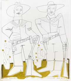 Ritratto di cowboy, inchiostro e matita, tratto gestuale, Texas Rangers di America Martin