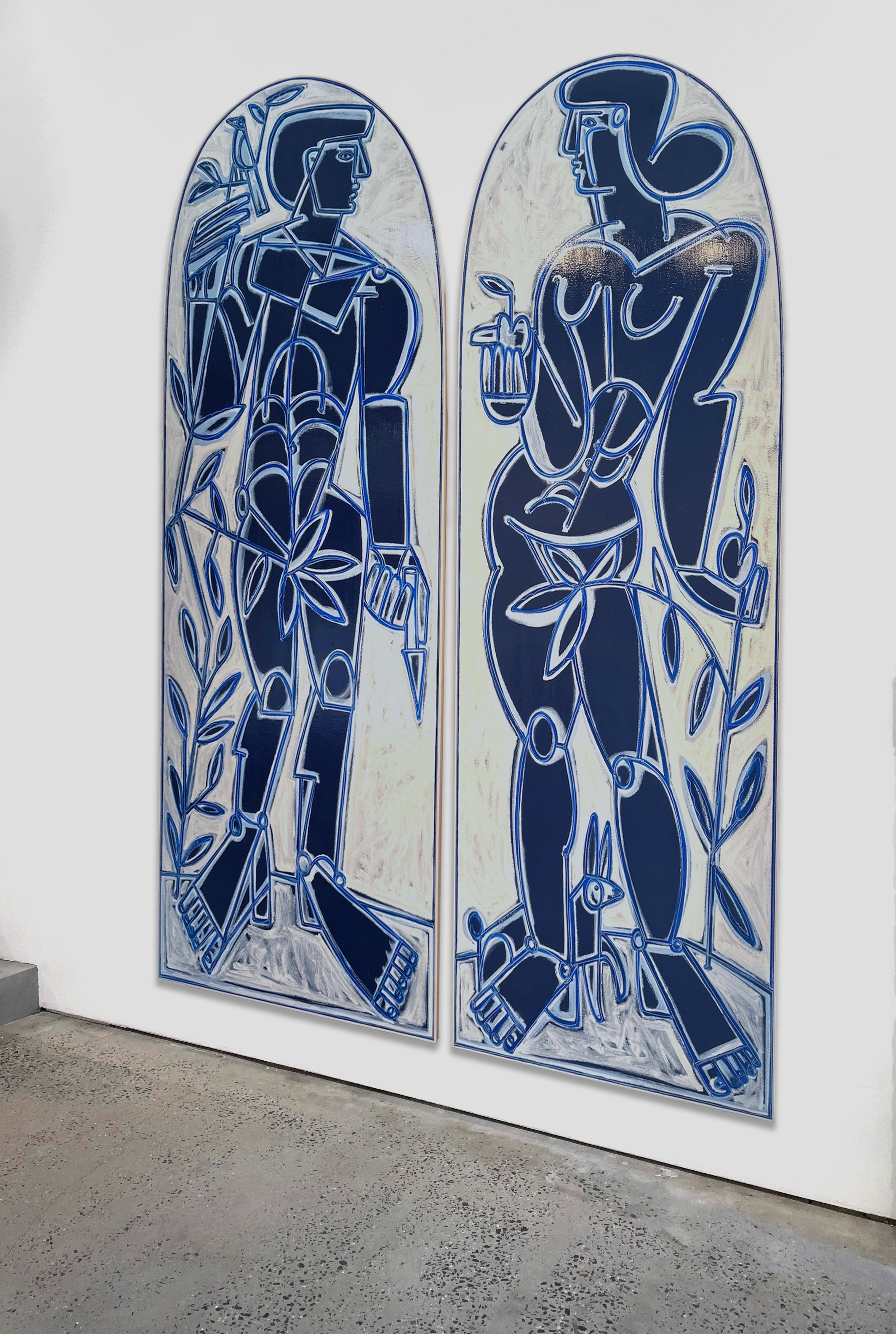 Frauen- und männliche Figur, Flora, Adam und Eva in Blau und Weiß  von America Martin im Angebot 1