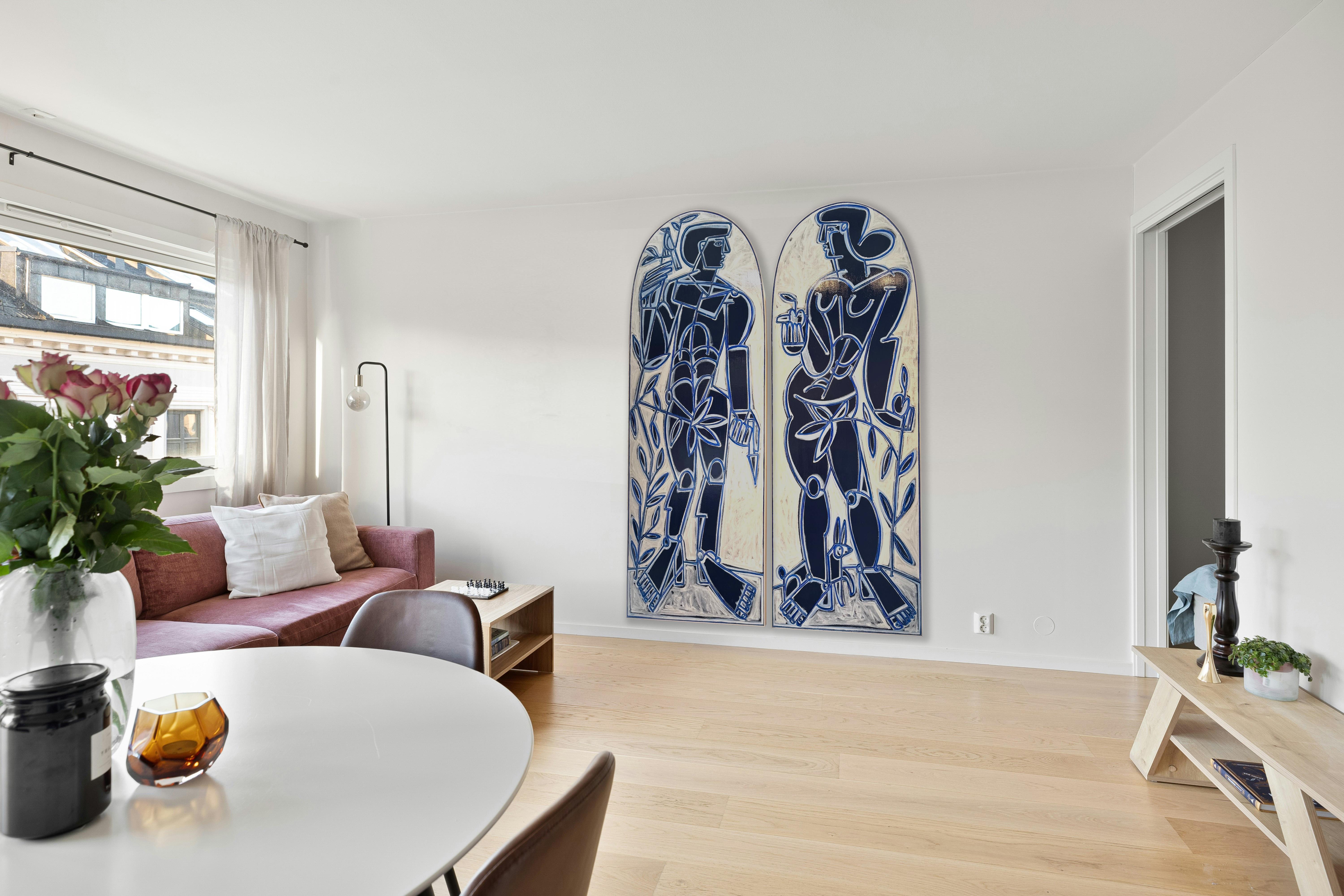 Frauen- und männliche Figur, Flora, Adam und Eva in Blau und Weiß  von America Martin im Angebot 5