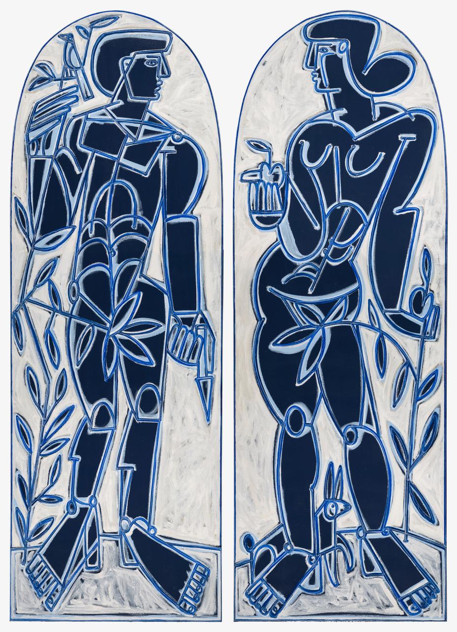 Figura Femenina y Masculina, Flora, Adán y Eva En Azul y Blanco  por America Martin