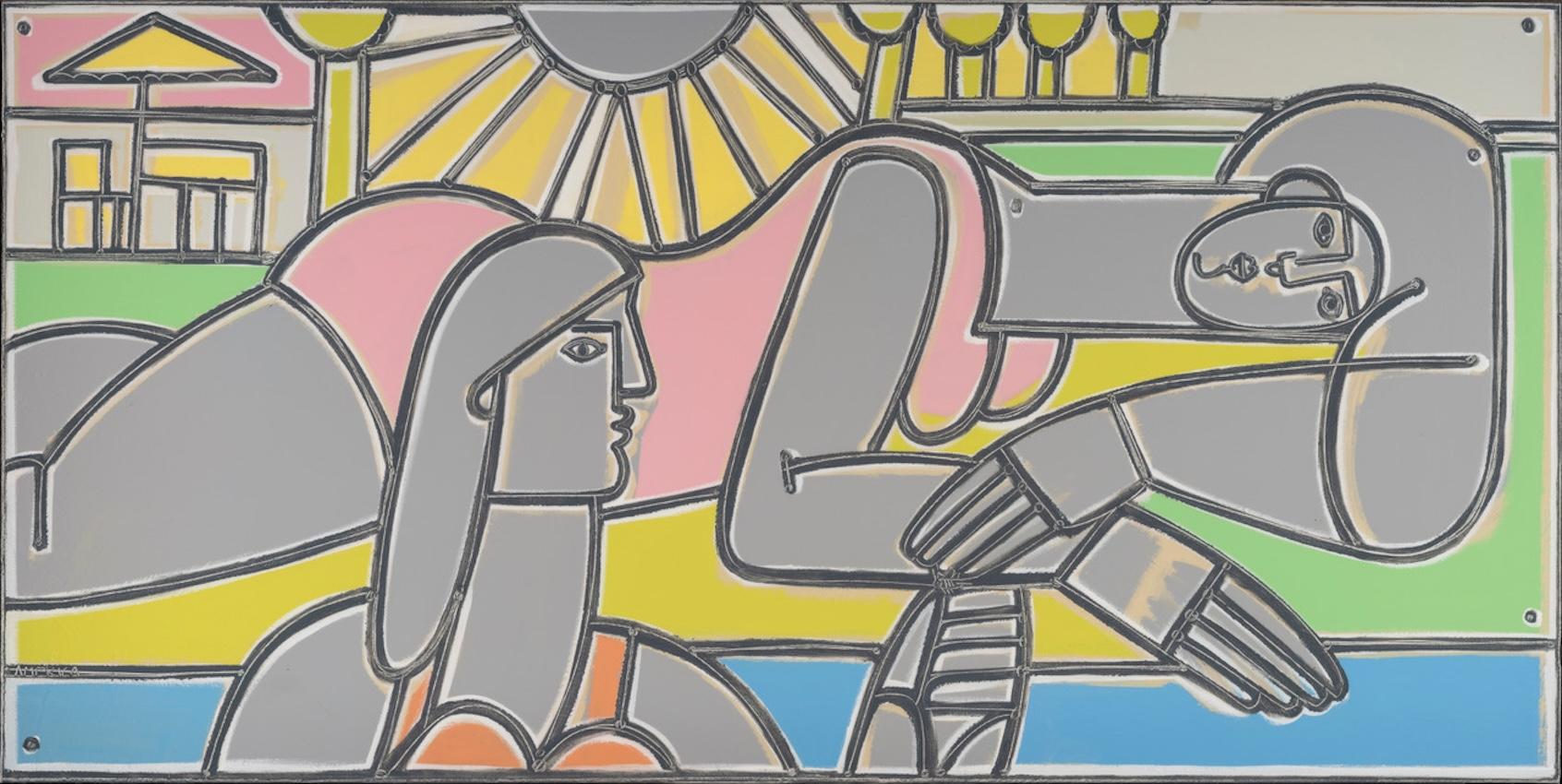 América Martin
"Piscina y sol"
Óleo y acrílico sobre lienzo
36 x 72 pulgadas
37,5 x 73,5 pulgadas enmarcado

America Martin, afincada en Los Ángeles, explora la identidad de su tocaya y de su país inspirándose en su herencia colombiana y en la