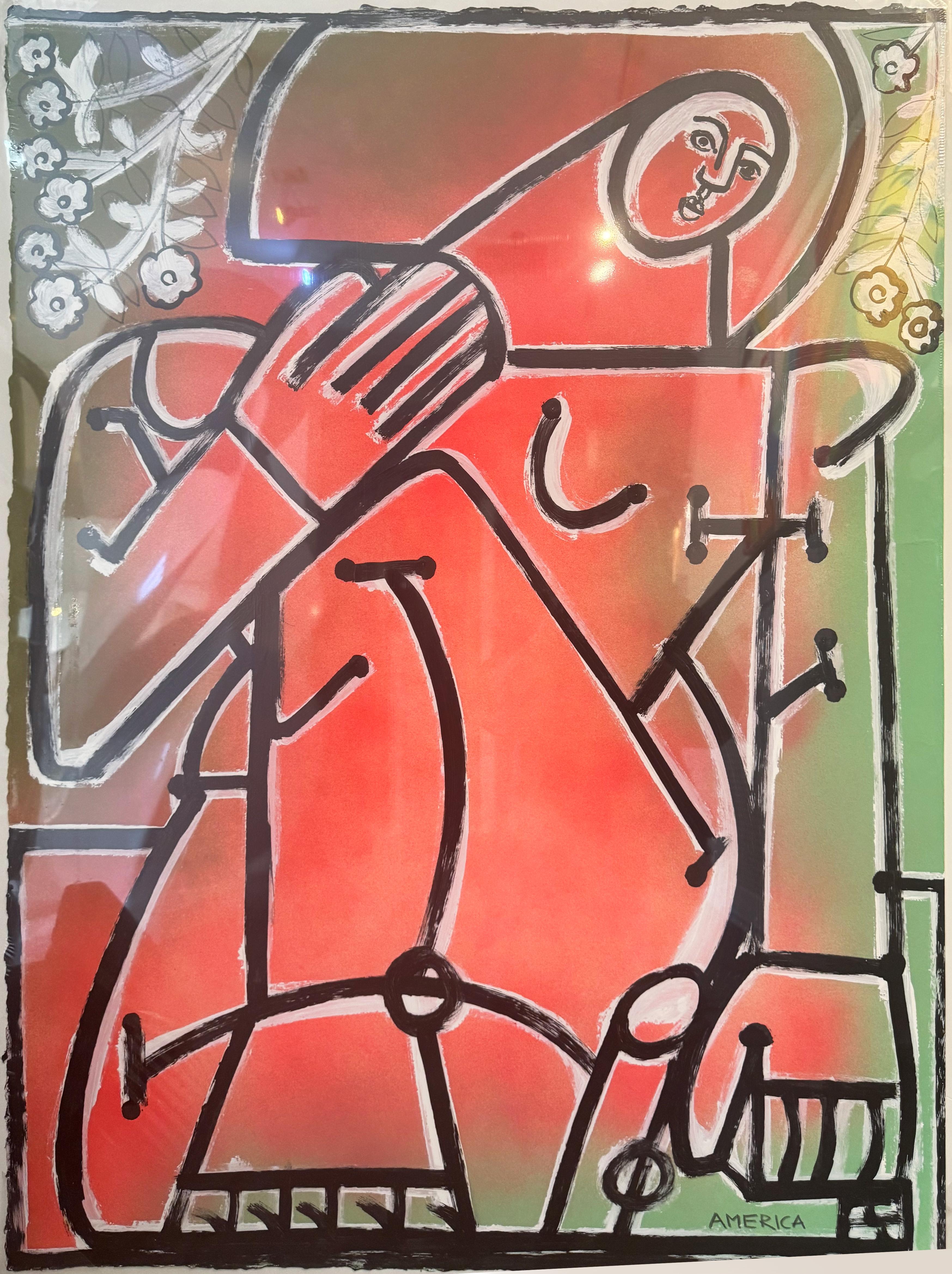 Female Figure, Gestural, Woman In The Sunset With Flowers by America Martin