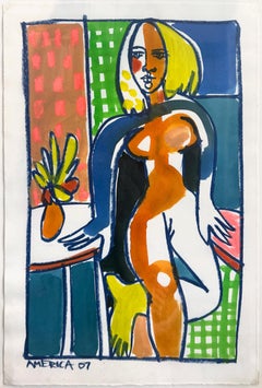 Frauenfigur auf Papier, kräftige Linien, leuchtende Farben, Serie „Woman Table“ von America Martin