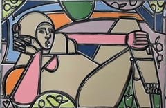 Figura desnuda femenina, colores vivos y brillantes, ciruelos y manzanas de America Martin