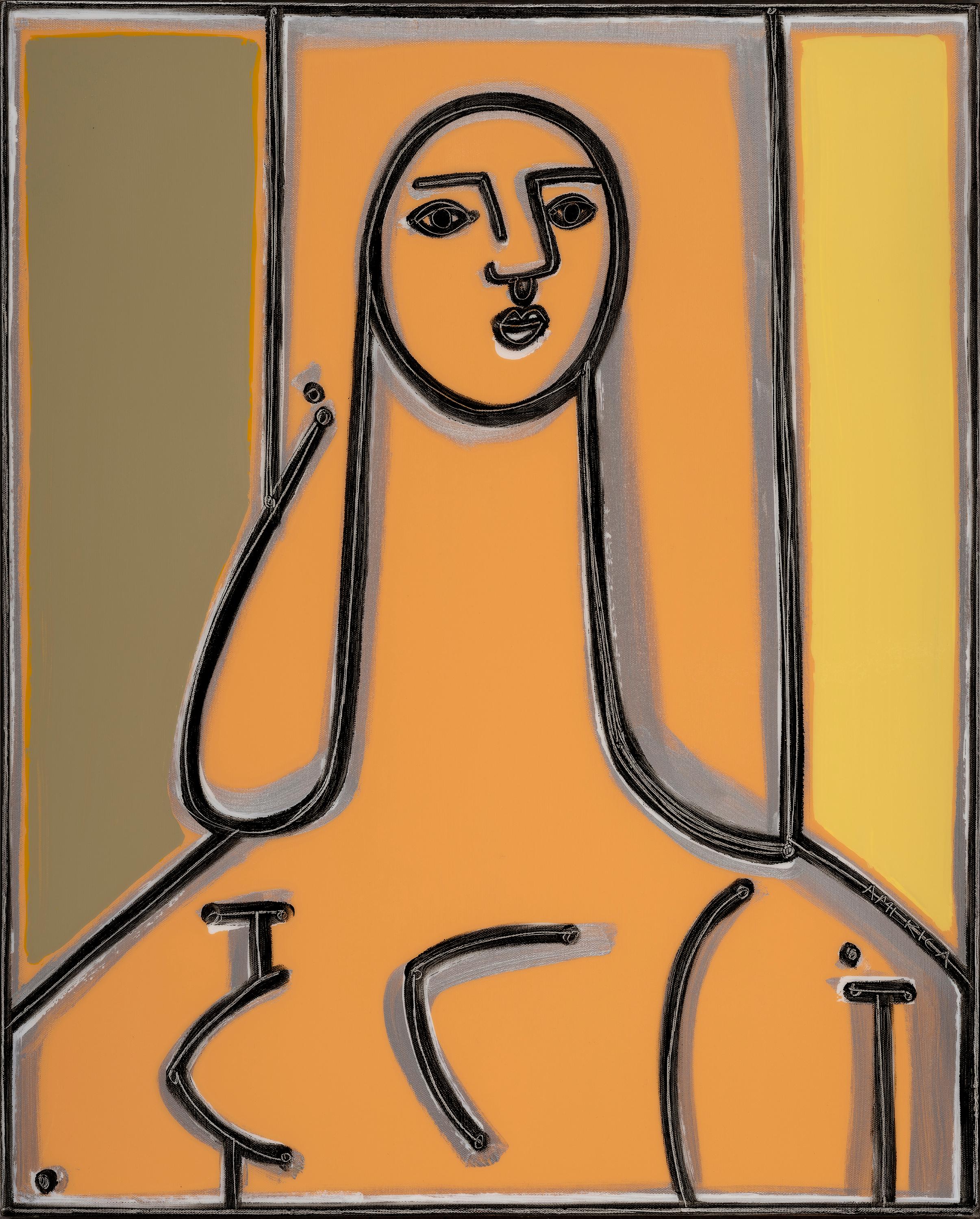 America Martin
"Portrait In Olive & Peach"
Oil & Acrylic on Canvas
30 x 24 in.

Exploring the identity of both her namesake and country, LA-based America Martin draws inspiration from her Colombian heritage and the human figure to represent a