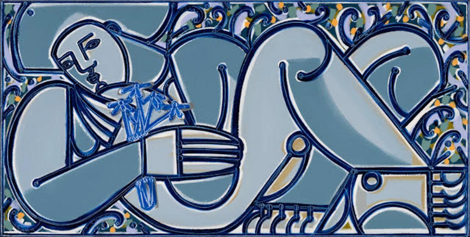 Figur Malerei, kühne Linien, Blaues Gänseblümchen Gemalt in Maine von America Martin