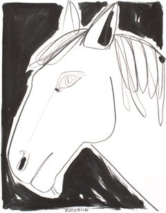 Pferdeporträt, Tinte, gestische Linienführung, Tier, Pony im Profil von America Martin