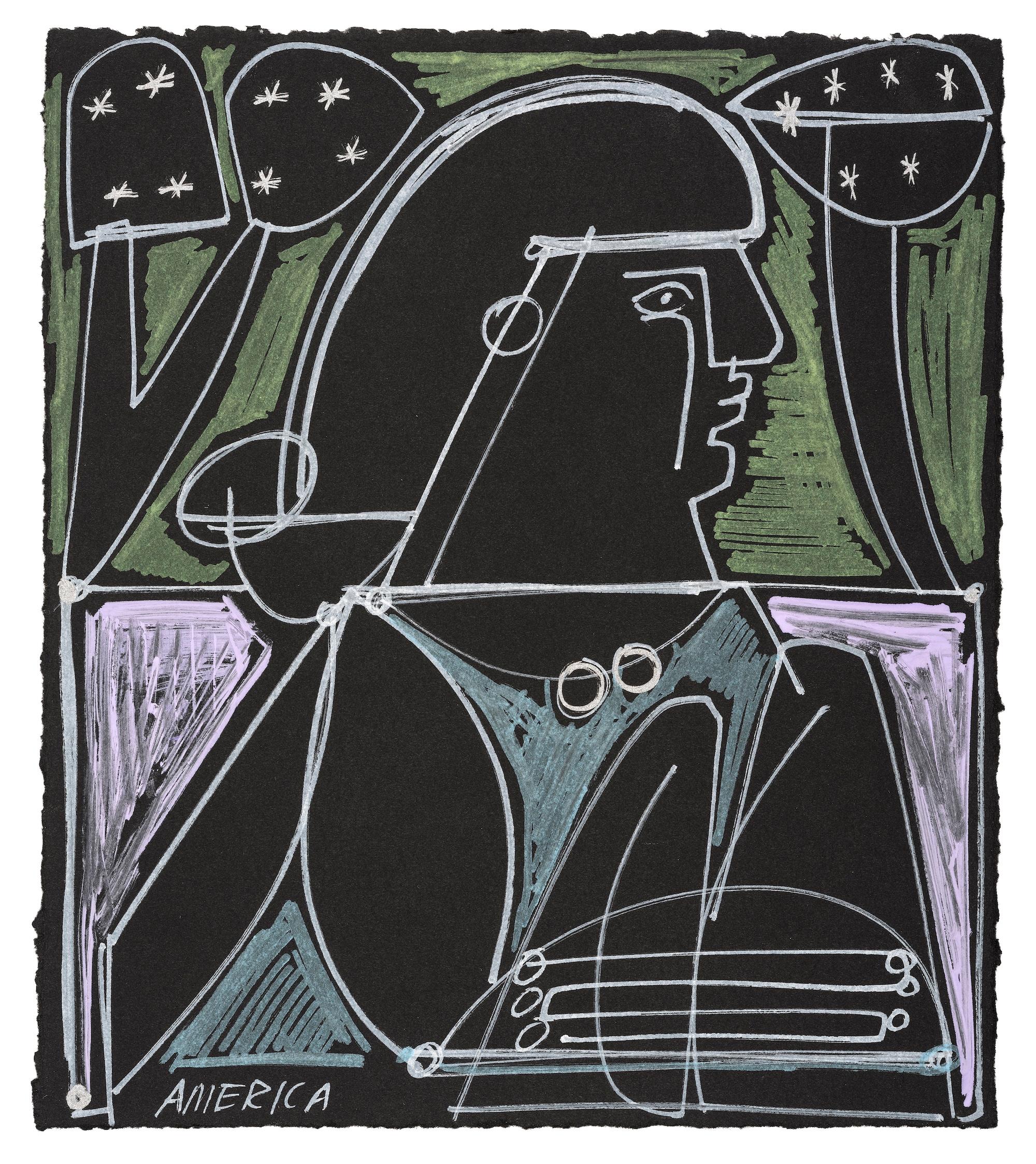 Ink on Paper Painting, Female Portrait, Woman Under the Stars by America Martin