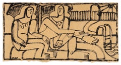 Pintura de tinta sobre papel, Gesto figurativo, Piscina y sol de America Martin