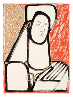 Ink on Paper Painting, Gestural Portrait, Woman In Red & Gold by America Martin