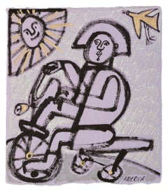 Ink on Paper Painting, Portrait, Bike & Sunshine by America Martin