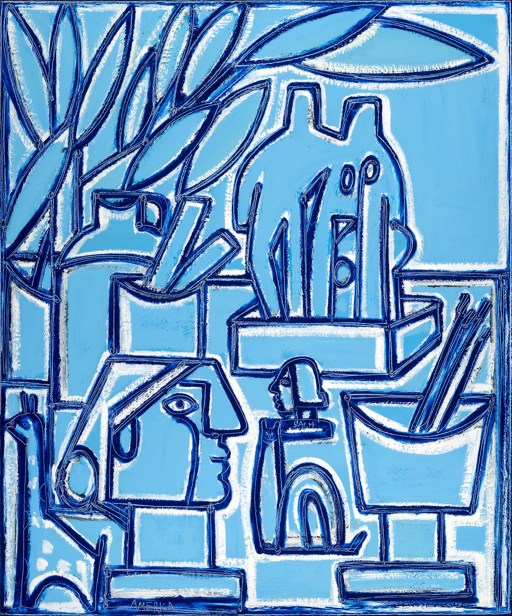 Martine Martin
"Table Studio en bleu"
Huile et acrylique sur toile
48 x 40 in.  50 x 42 in. Encadré

Explorant l'identité de son homonyme et de son pays, America Martin, basée à Los Angeles, s'inspire de son héritage colombien et de la figure