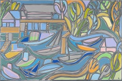 Landscape Painting, Flora, Boats, Blue, Bold lines, Maine by America Martin