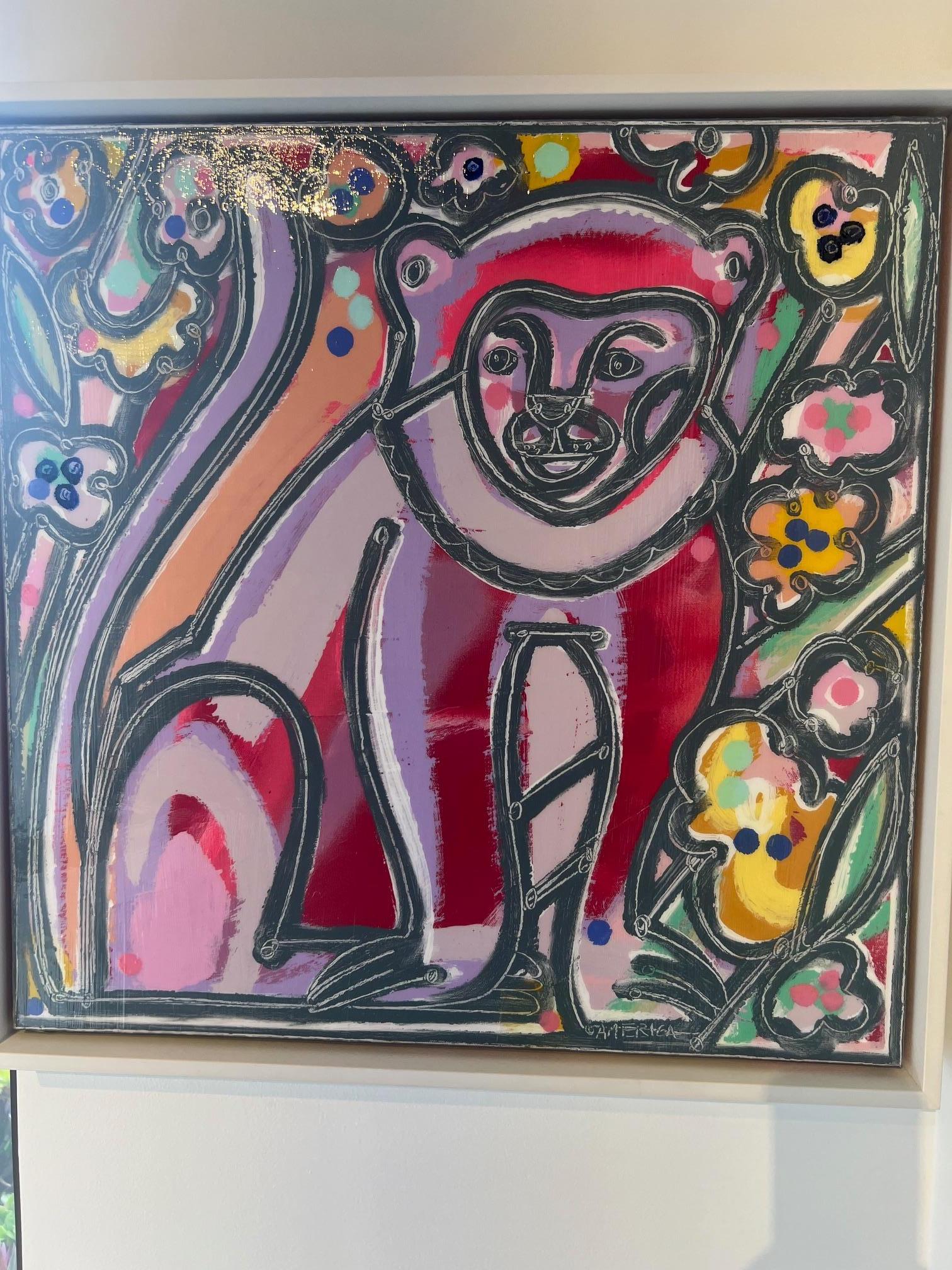 Monkey With Fruit Blossoms_America Martin_Oil/Acrylic/Canvas_AnimalPortrait_Pink For Sale 1