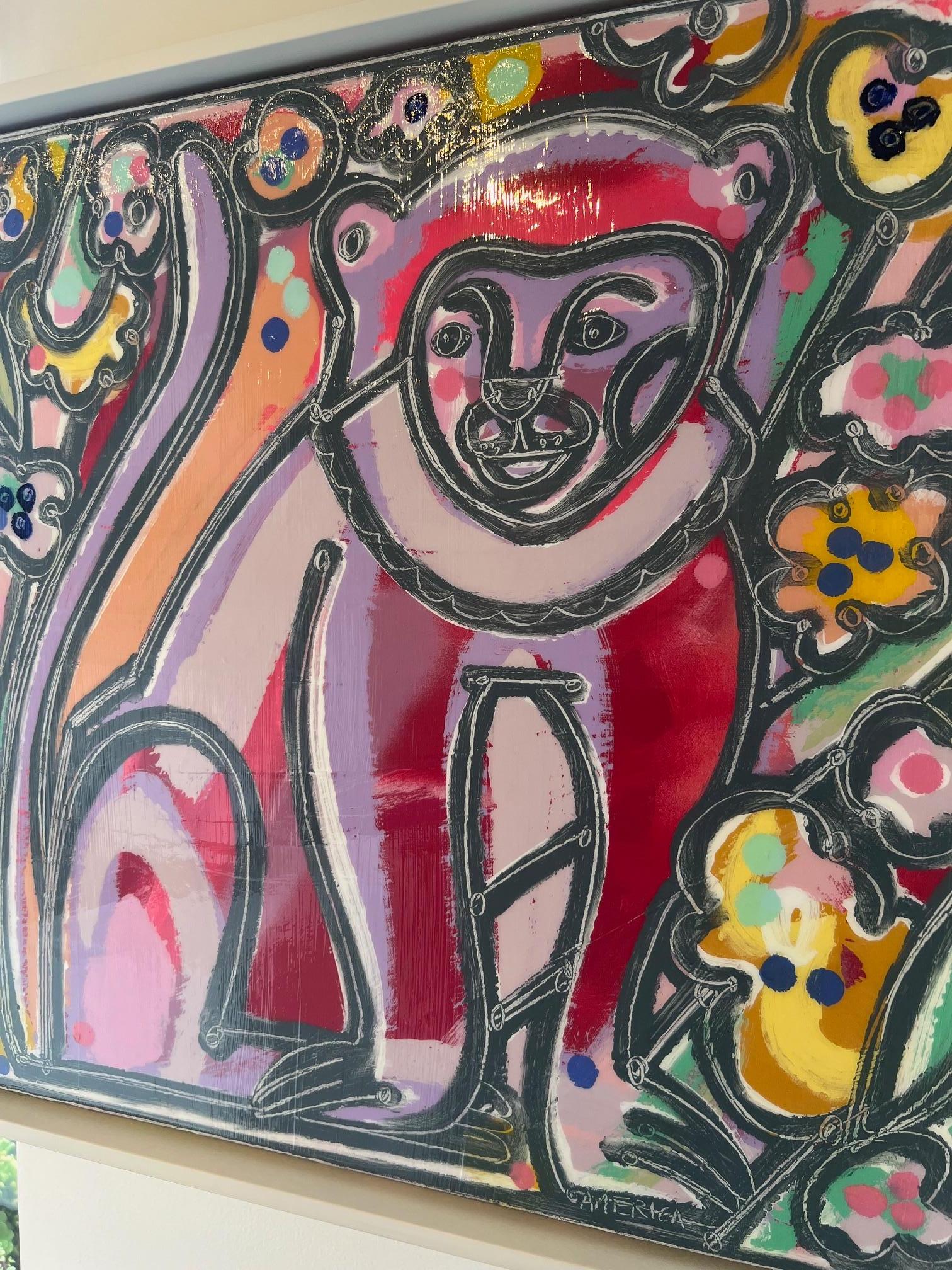 Monkey With Fruit Blossoms_America Martin_Oil/Acrylic/Canvas_AnimalPortrait_Pink For Sale 3