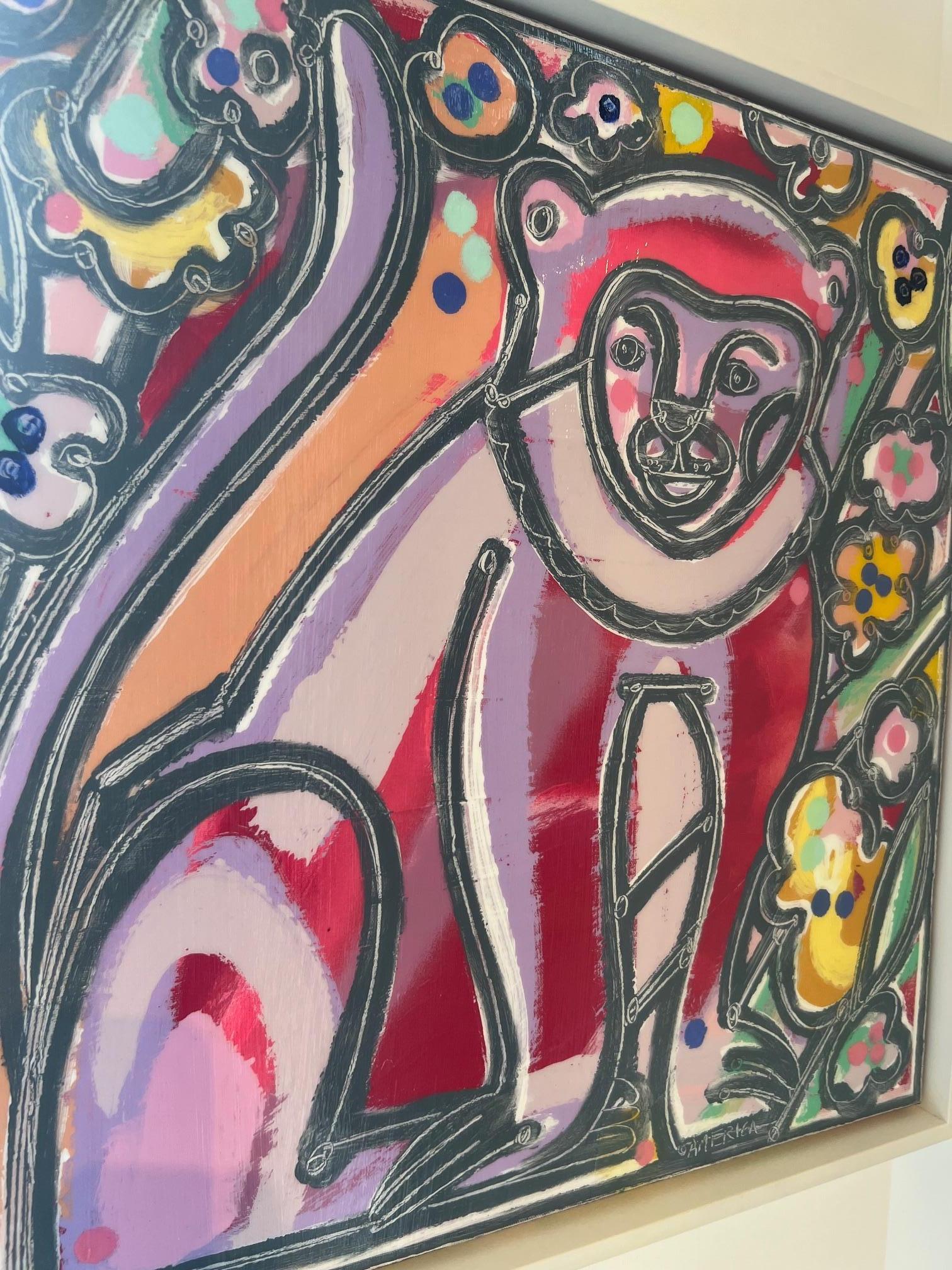Monkey With Fruit Blossoms_America Martin_Oil/Acrylic/Canvas_AnimalPortrait_Pink For Sale 4