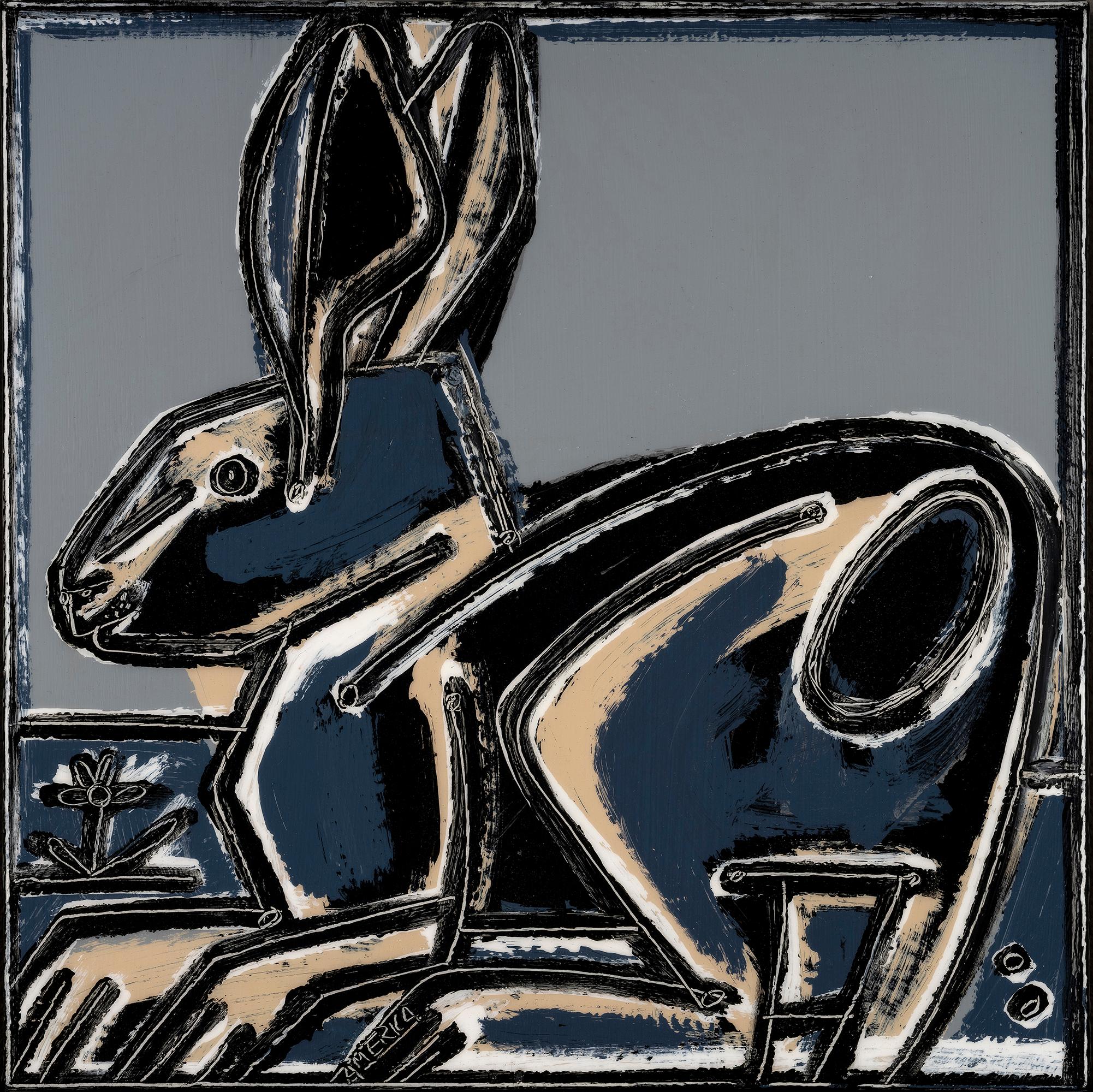 Night Rabbit_2023, America Martin_Oil/Acrylic/Canvas_Animal Portrait_Black/Gray