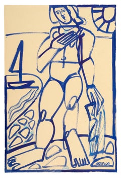 Pastel y tinta sobre papel, Figura femenina, «What a Good Swim», de America Martin