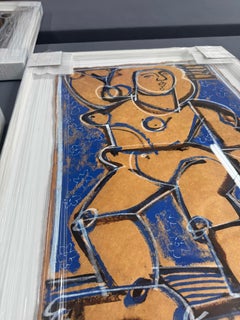 Pastello e inchiostro su carta, figurativo, blu, Donna in piedi di America Martin