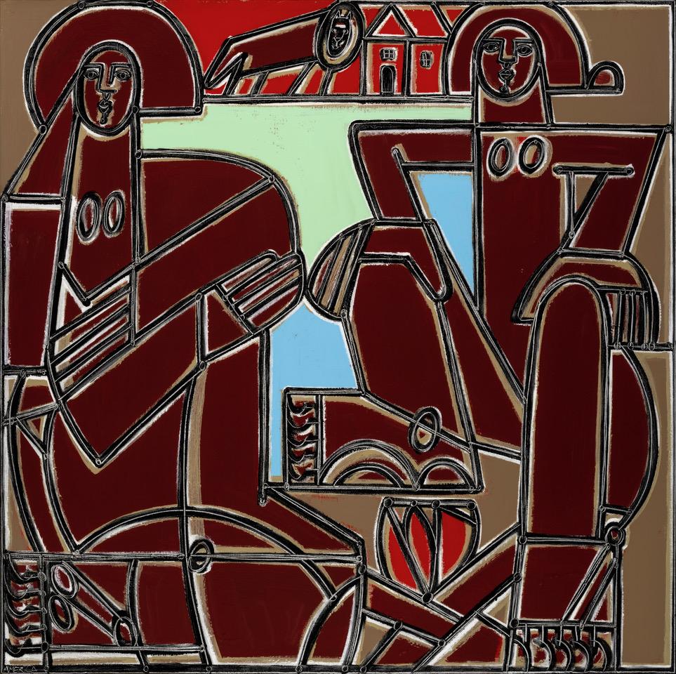 Martine Martin
"Wait Till The Lion Goes Away" (Attendez que le lion s'en aille)
Huile et acrylique sur toile
48 x 48 in. 

Explorant l'identité de son homonyme et de son pays, America Martin, basée à Los Angeles, s'inspire de son héritage colombien