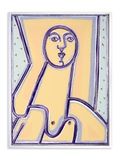 Pintura Retrato, Líneas atrevidas, Mujer en violeta y melocotón por America Martin