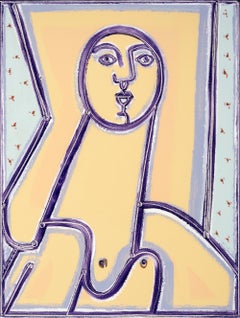 Pintura Retrato, Líneas atrevidas, Mujer en violeta y melocotón por America Martin