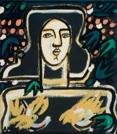 Portrait peint sur papier, traits marqués, « Femme dans les vignes » d'America Martin