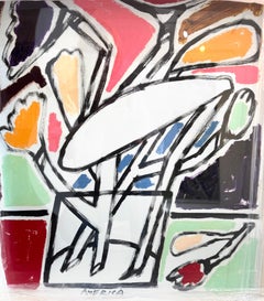 Stillleben mit Blumen auf Papier, kräftige Linien, abgeschnittene Geranien in einer Vase von America Martin
