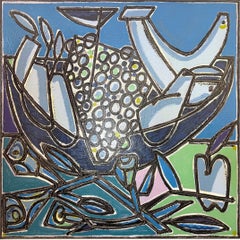 Nature morte, lignes audacieuses, bleu, « Sentir les fleurs, manger des fruits » d’America Martin