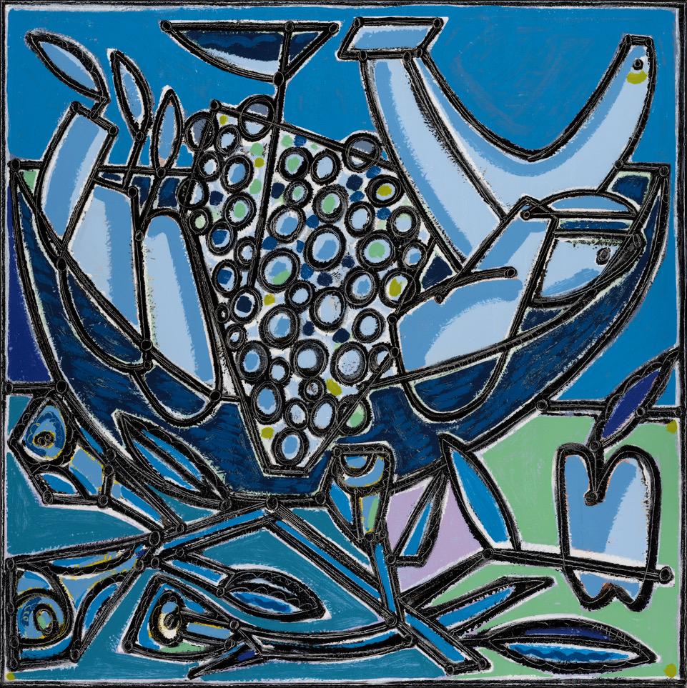 Stillleben, kräftige Linien, Blau, „Smell Flowers Eat Fruit“ von America Martin