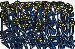 Summer Yellow Roses with Blue Thorns, America Martin, Abstract Floral, Blues