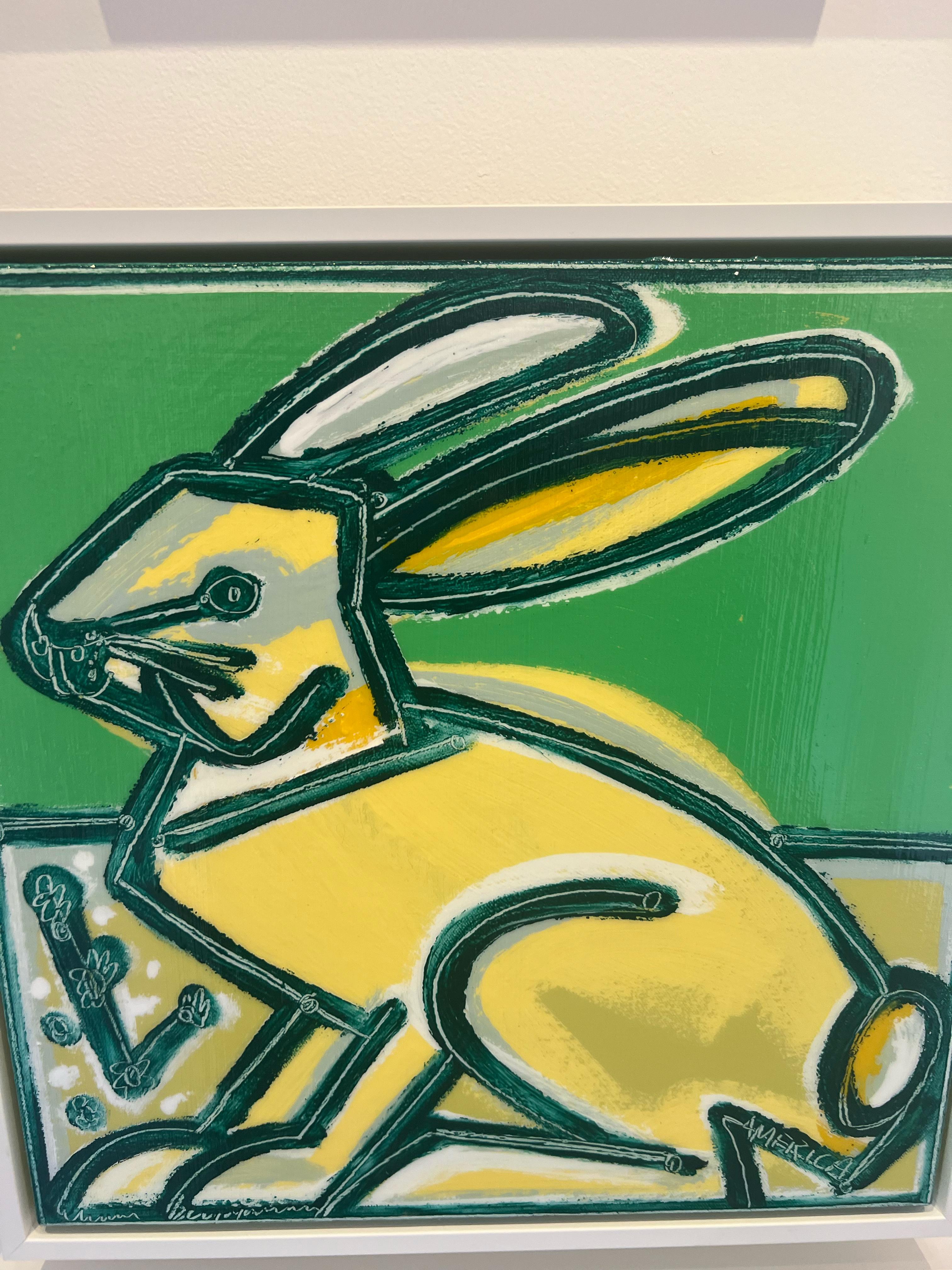 Sunshine Bunny_2023, America Martin_Oil/Acrylic/Canvas_Animal Portrait_Green For Sale 2