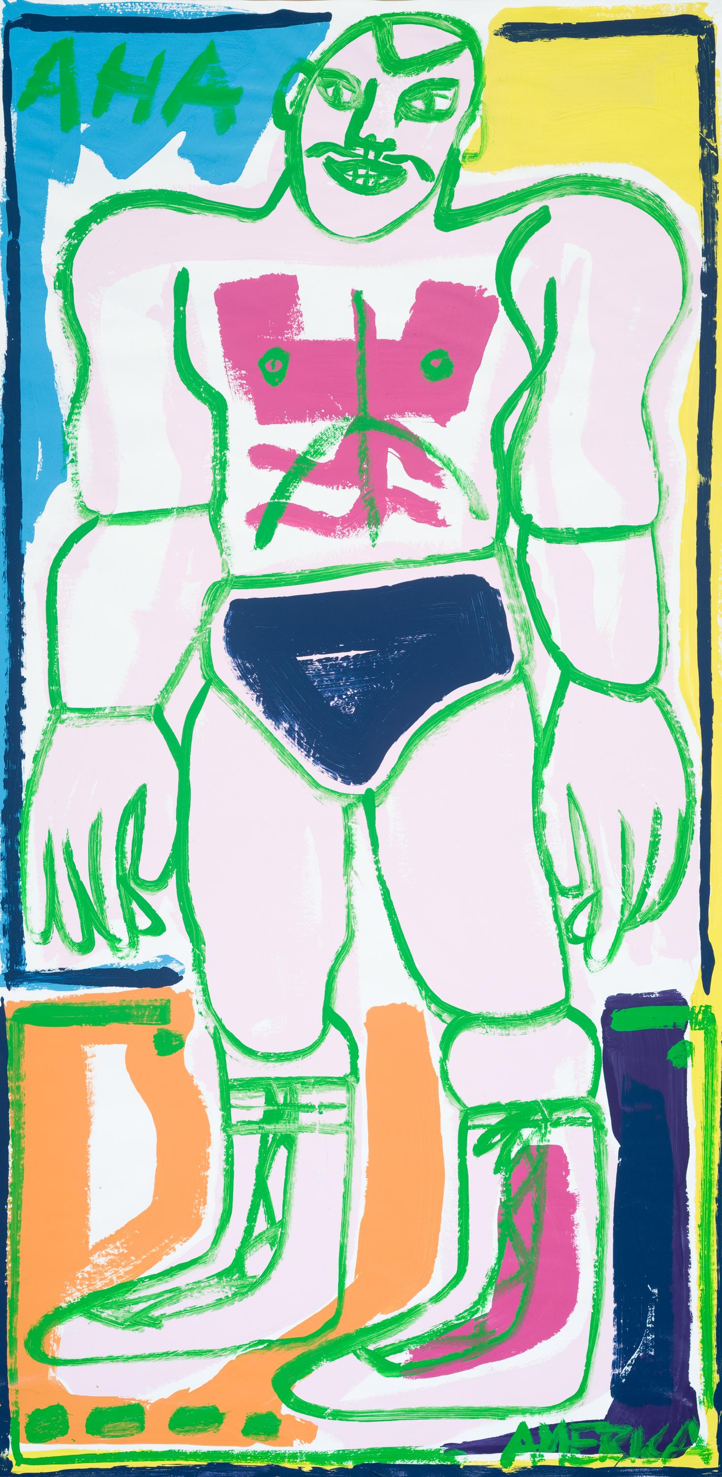 Amerika Martin
"Der Ringer"
Acryl auf Papier Papier
78" x 38" Ungerahmt

Die in Los Angeles lebende Künstlerin America Martin lässt sich von ihrem kolumbianischen Erbe und der menschlichen Figur inspirieren, um ein vielfältiges Bild dessen zu