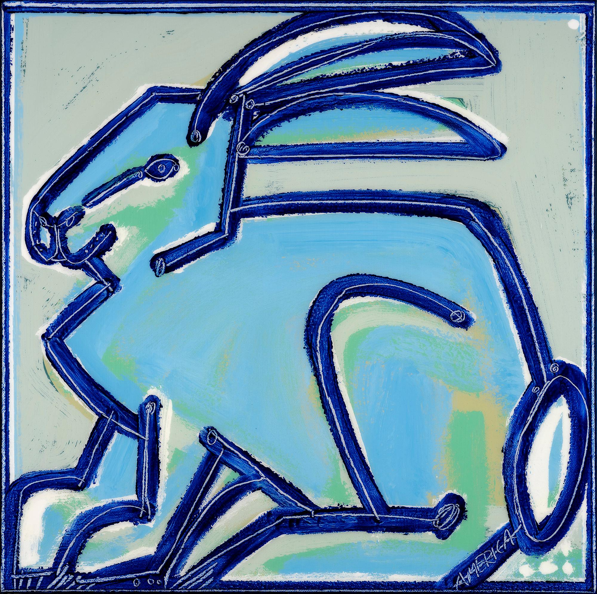 Turquoise Bunny_2023, Amérique Martin_Oil/Acrylique/Toile_ Portrait animalier bleu