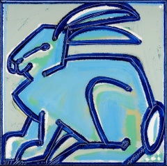 Turquoise Bunny_2023, Amérique Martin_Oil/Acrylique/Toile_ Portrait animalier bleu