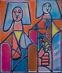 Two Women Walk & One Gathers Flowers_America Martin_Oil/Acrylic- Nude Figures