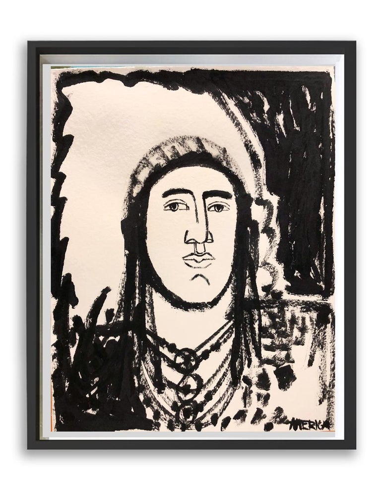 Untitled Native, America Martin, Figurative Portrait Painting, Bold Lines-Black For Sale 4