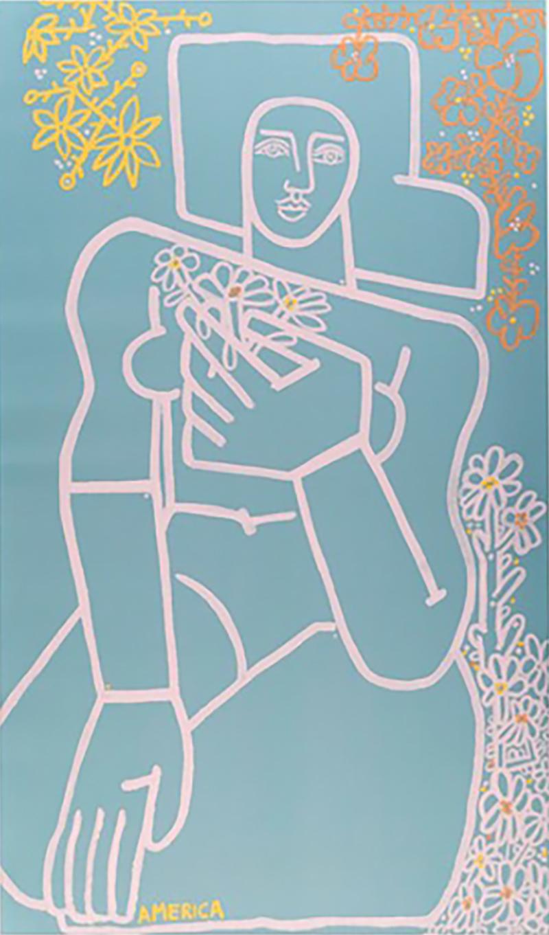 Woman and Flowers_America Martin_Acrylic/Linen_Female Figurative_Floral_Blue