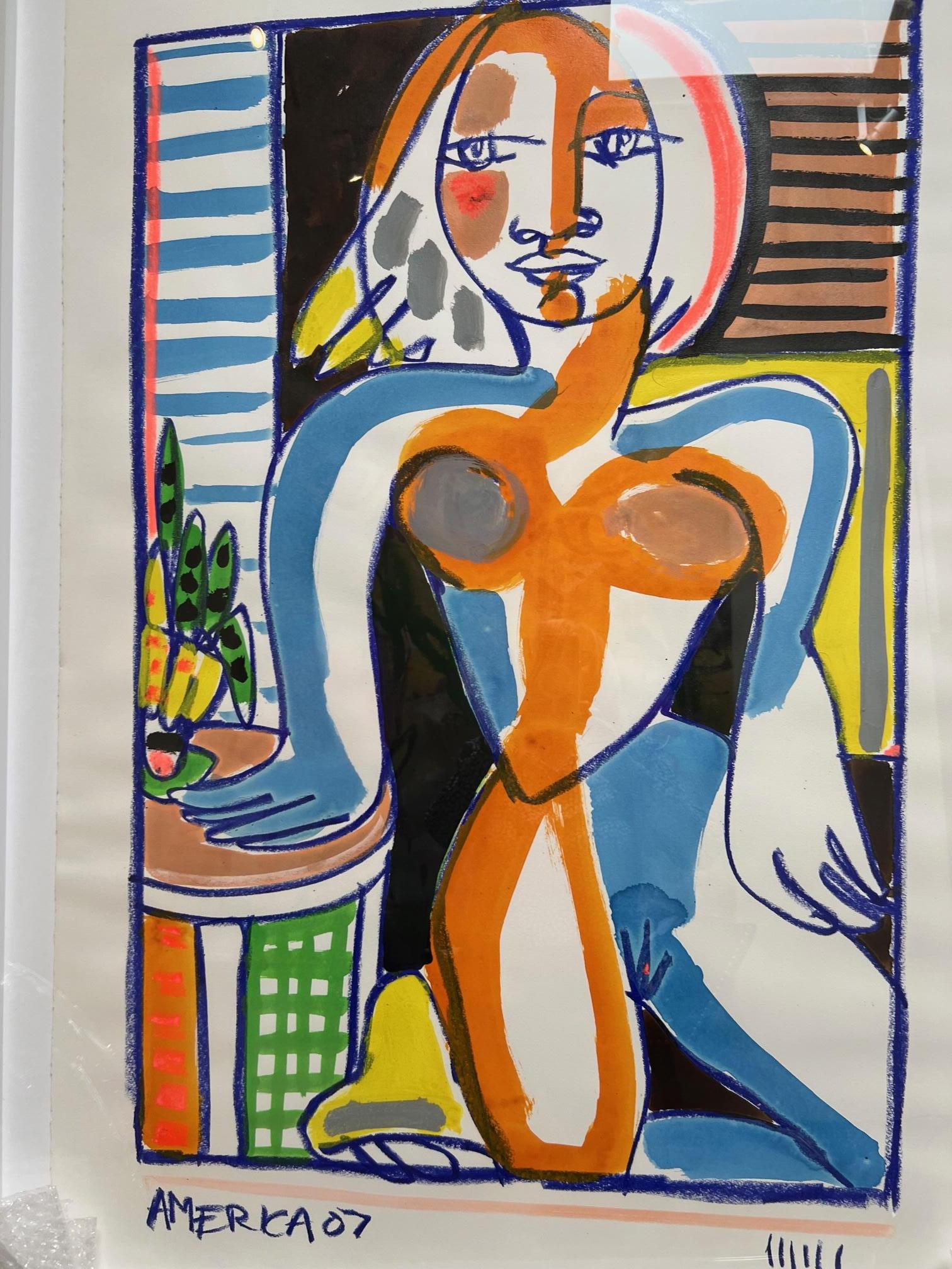 Woman and Table IIIIII_America Martin_Oil Pastel, Ink, Acrylic on Cotton Paper For Sale 1