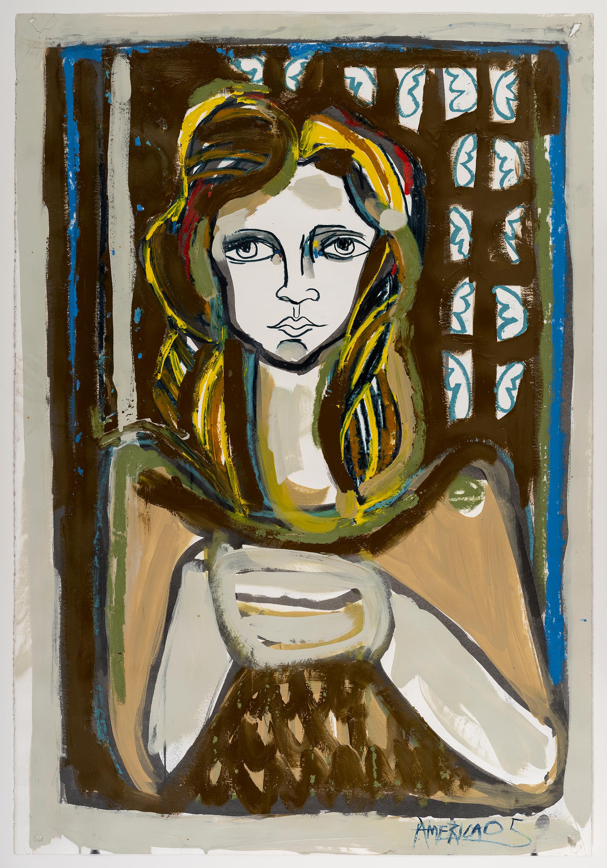 Woman in Brown + Cream_America Martin_Oil Pastel, Ink, Acrylic on Cotton Paper 1