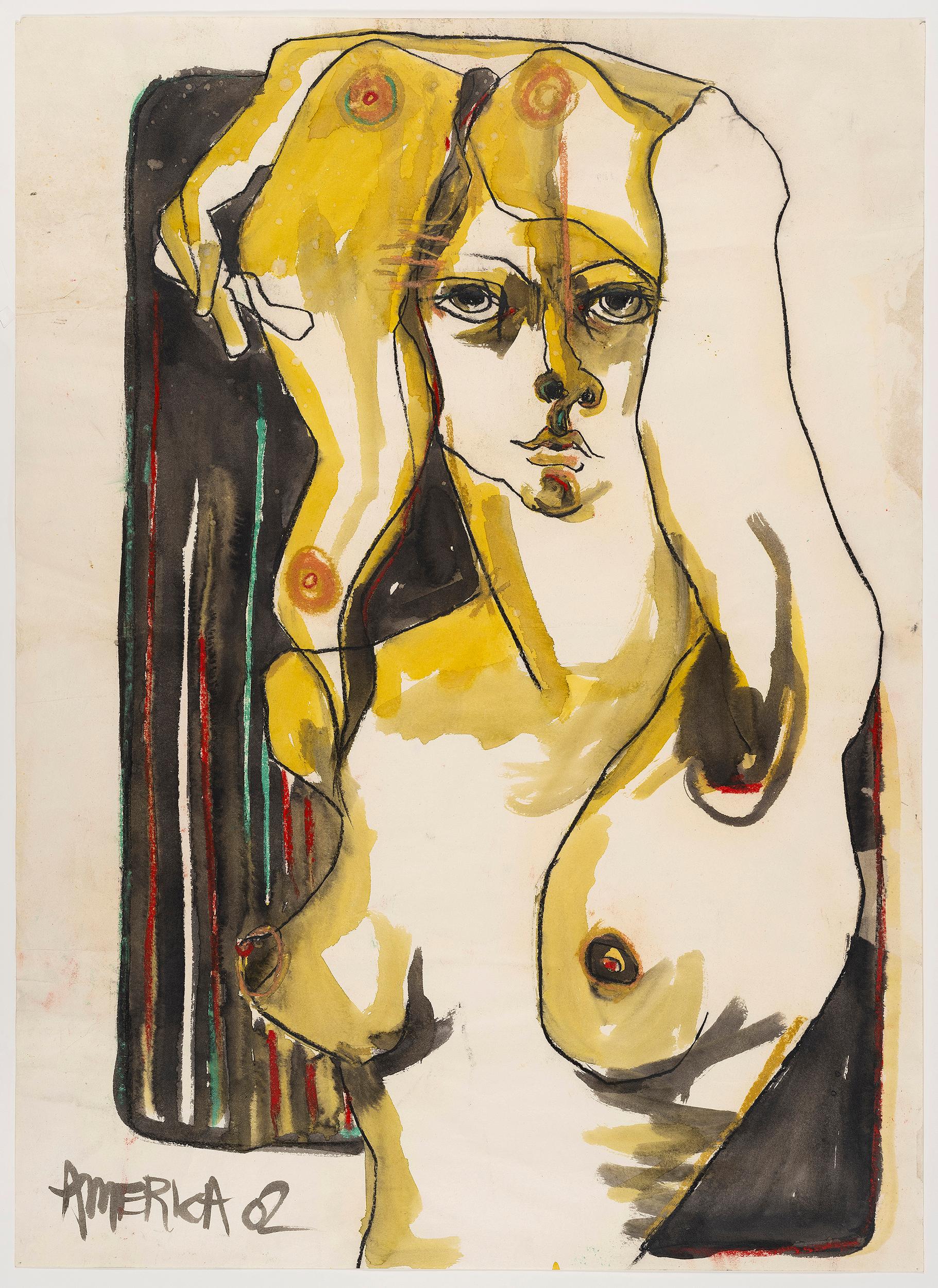 Woman in Gelb mit Streifen_America Martin_Pastel/Tinte/Japanisches Papier_Nude