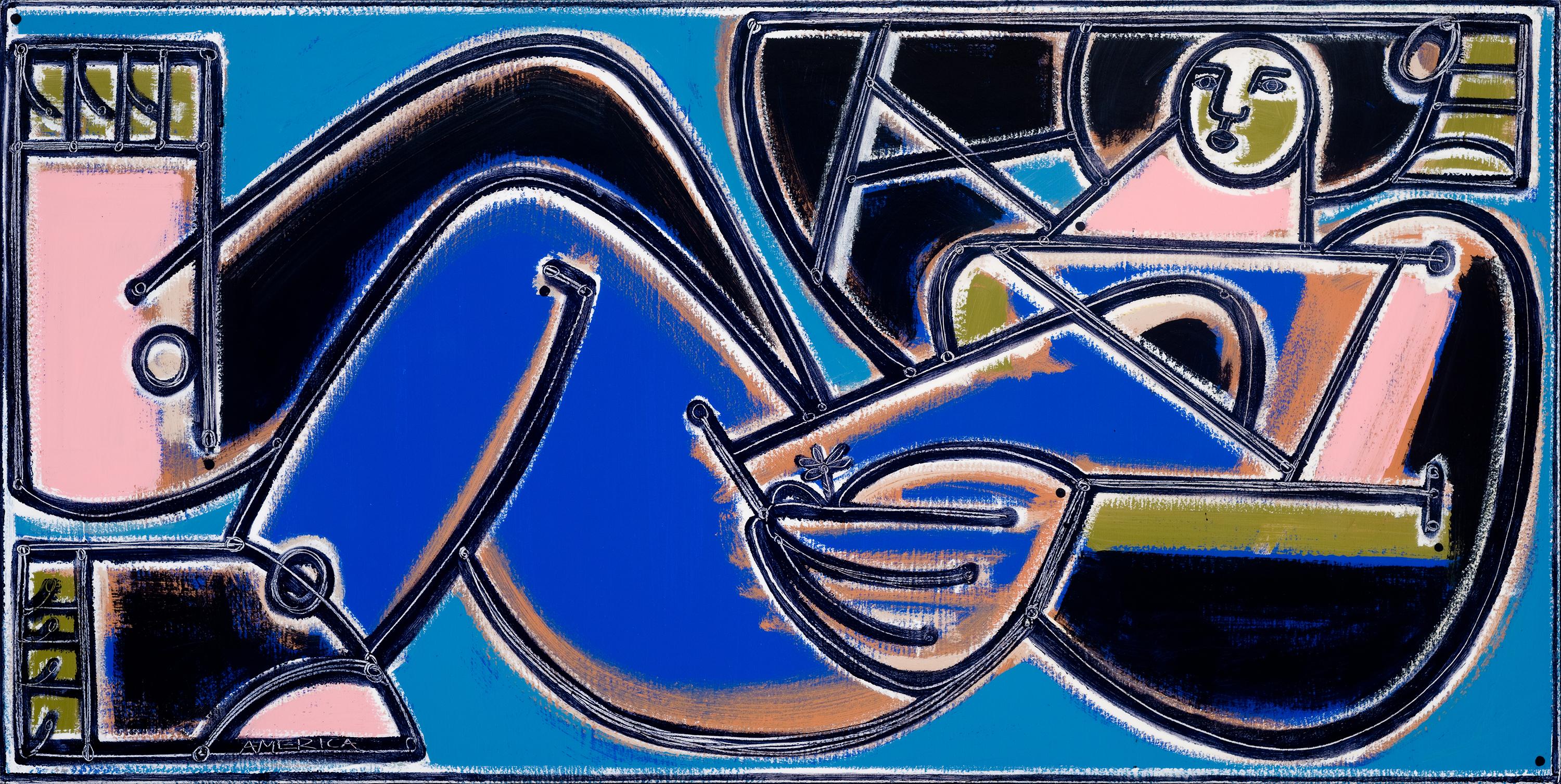 A figurative painting done by America Martin in oil and acrylic paints on canvas. Exploring the bounds of gestural abstraction, Martin's figure is tightly cropped within the bounds of the canvas, blurring the lines of where figure ends and begins.