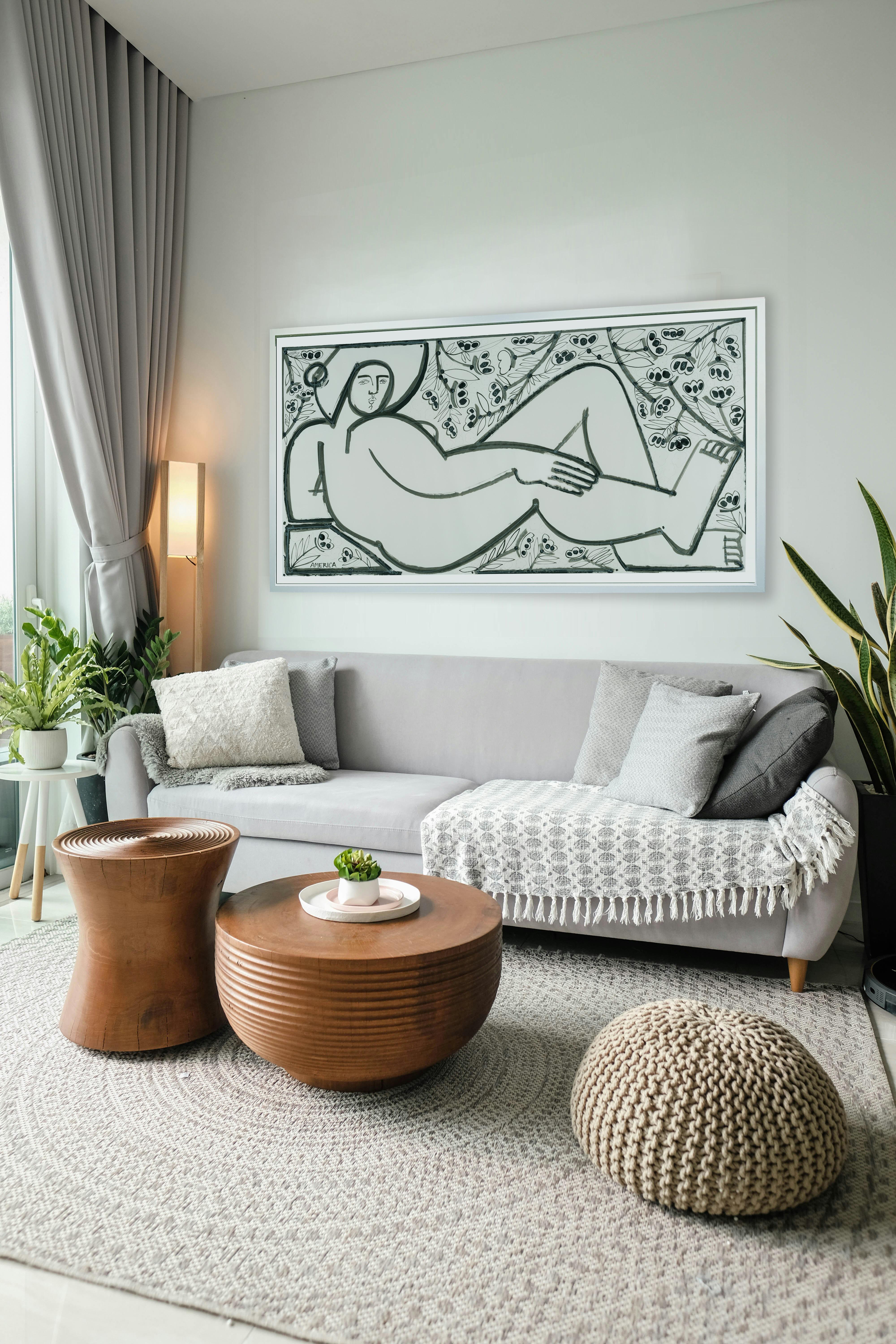 Femme avec des feuilles et des fleurs_America Martin_Encre/crayon sur papier_Figurative en vente 4