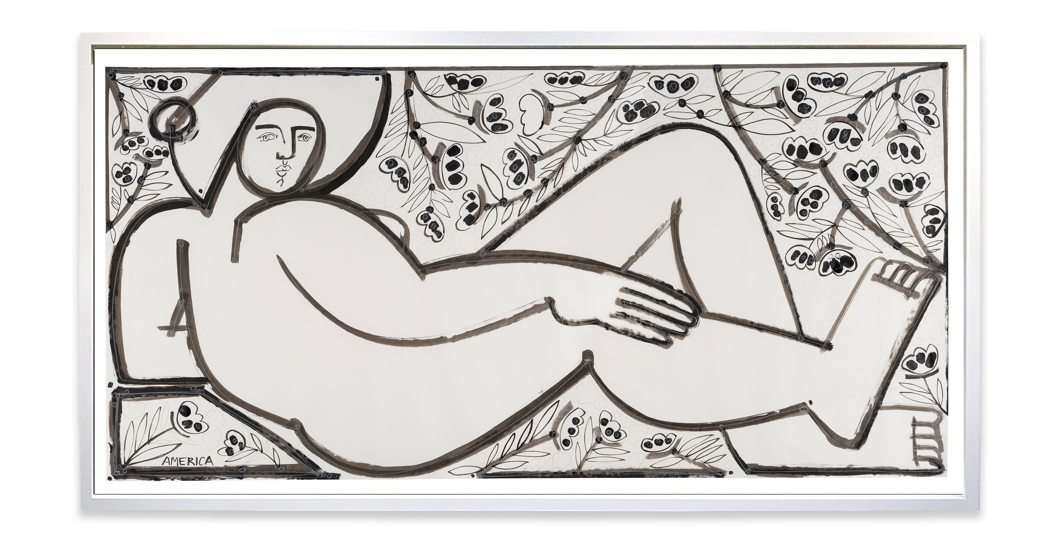 Femme avec des feuilles et des fleurs_America Martin_Encre/crayon sur papier_Figurative en vente 1
