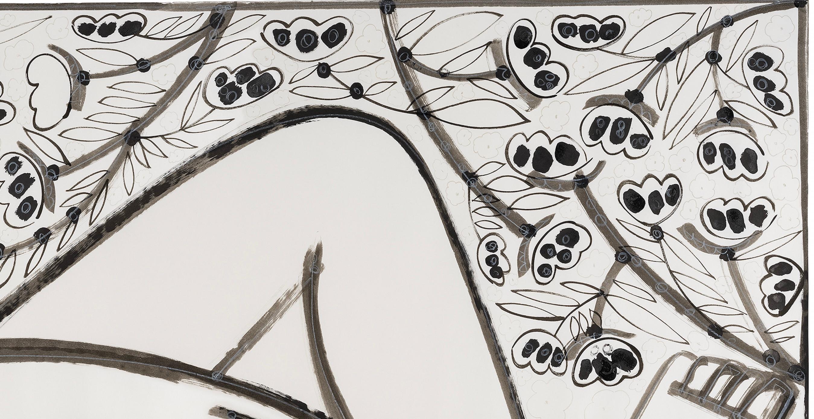 Femme avec des feuilles et des fleurs_America Martin_Encre/crayon sur papier_Figurative en vente 8