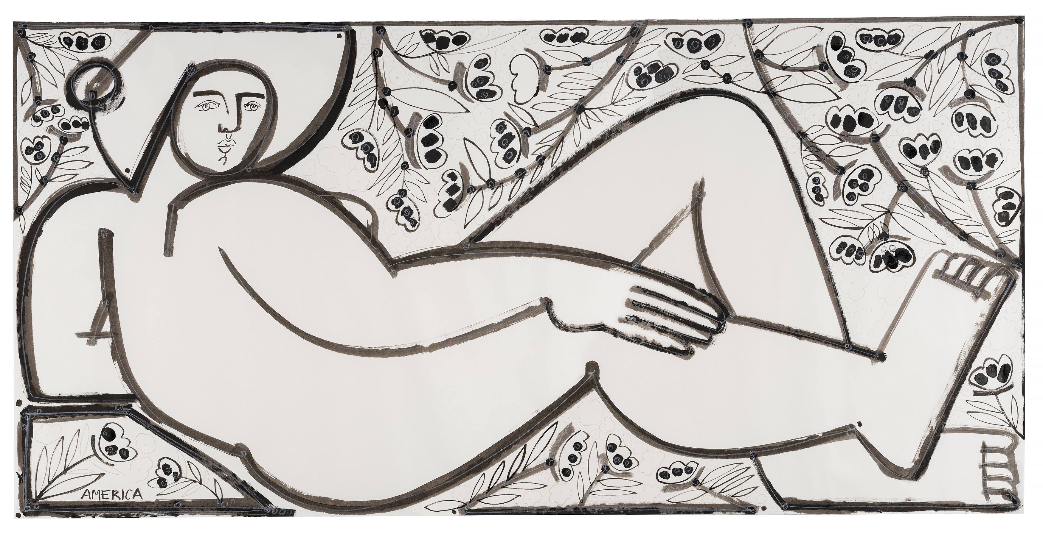 America Martin
"Woman with Leaves & Blossom"
Ink & Pencil on Paper
43.5" x 83.5" Framed 

Exploring the identity of both her namesake and country, LA-based America Martin draws inspiration from her Colombian heritage and the human figure to