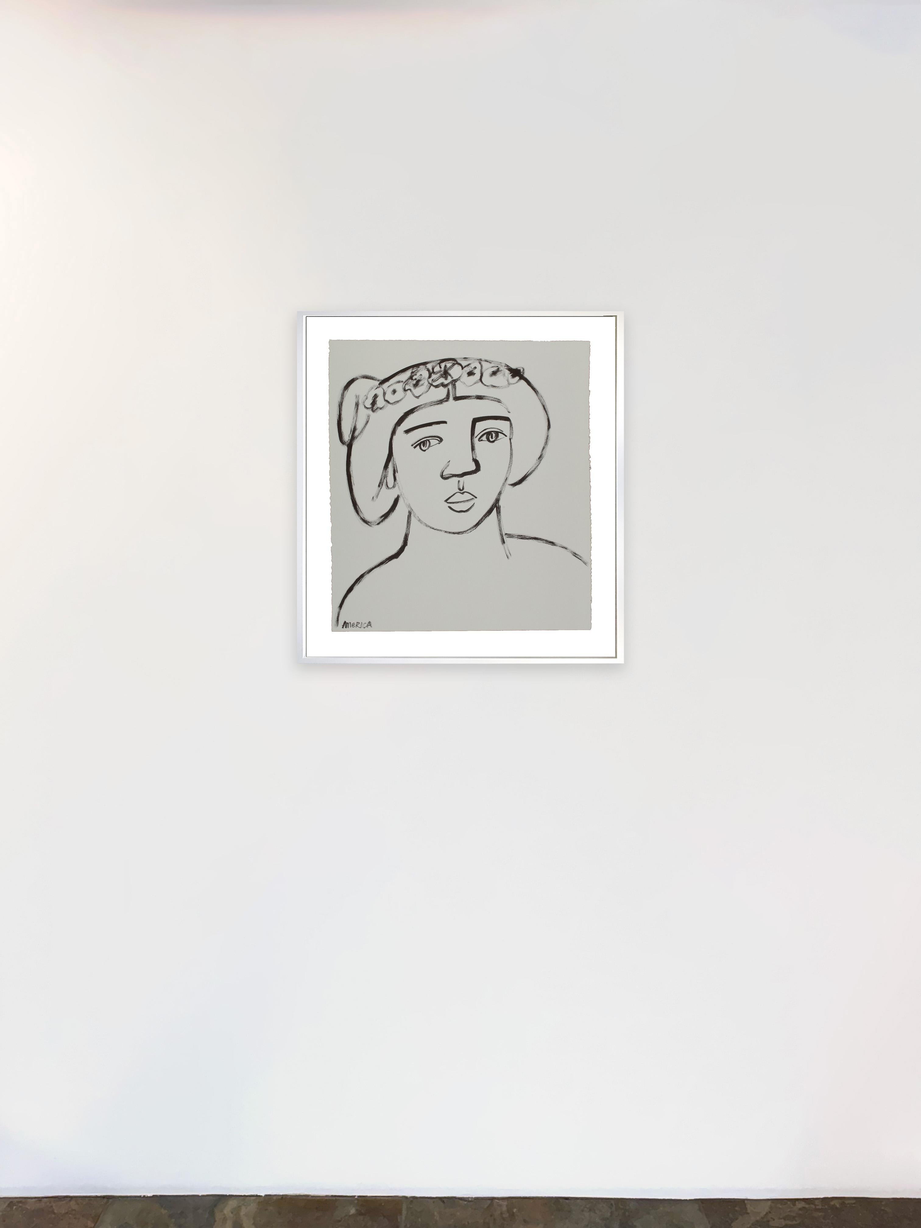 Woman with Wreath of Asters_America Martin_Tinte/Baumwollpapier_Figuratives/Porträt im Angebot 1