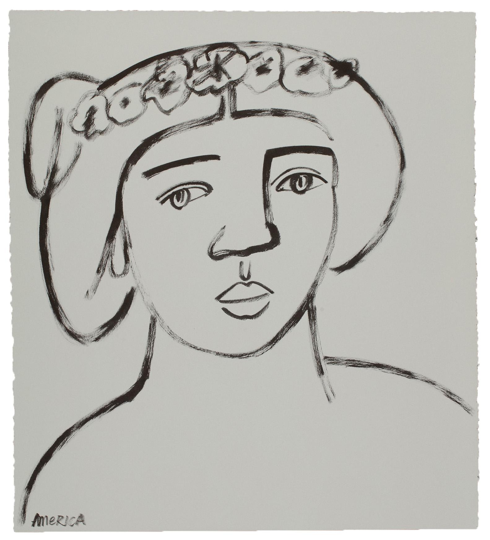 Amerika Martin
"Frau mit Asternkranz"
Tinte auf Baumwollpapier
31.5" x 28.5"

Die in Los Angeles lebende Künstlerin America Martin lässt sich von ihrem kolumbianischen Erbe und der menschlichen Figur inspirieren, um ein vielfältiges Bild dessen zu